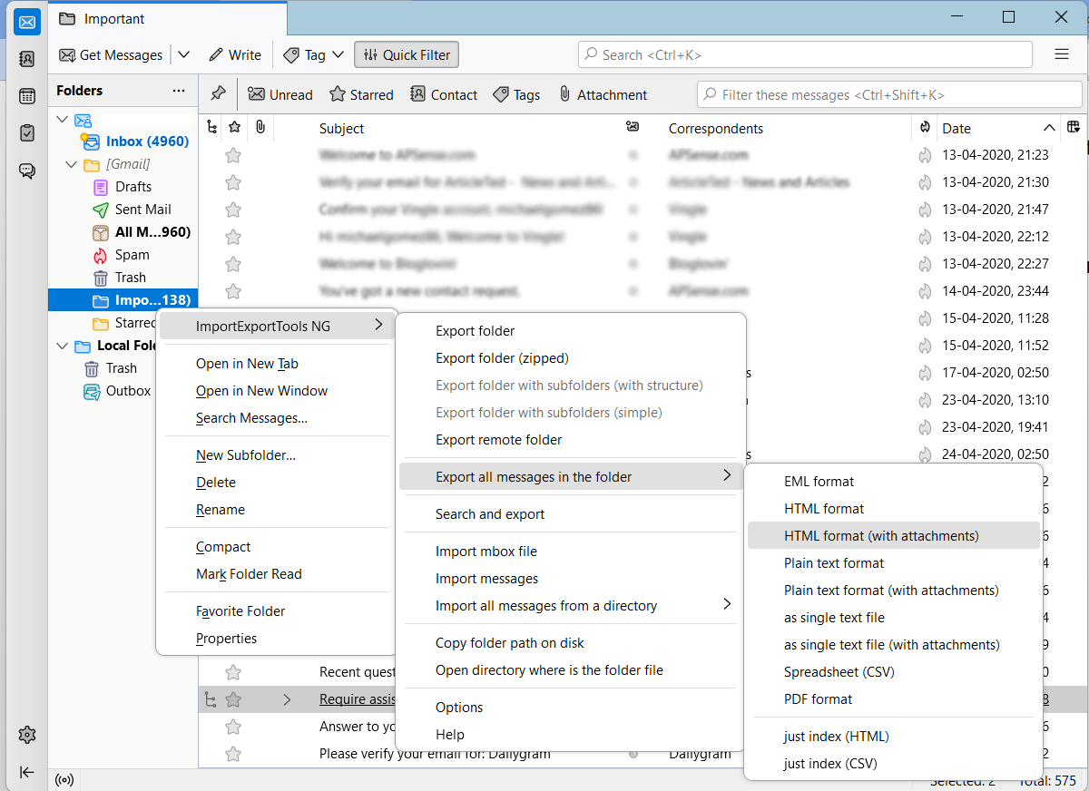 export emails from thunderbird to html