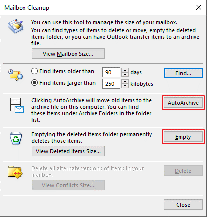 cleanup and reduce outlook mailbox size