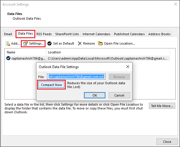 compact and reduce outlook mailbox size