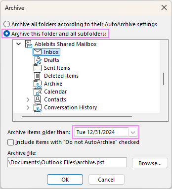 archive and reduce outlook mailbox size