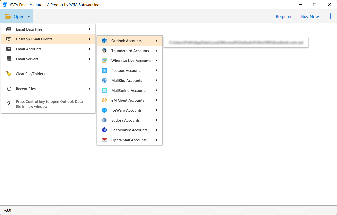 select outlook accounts